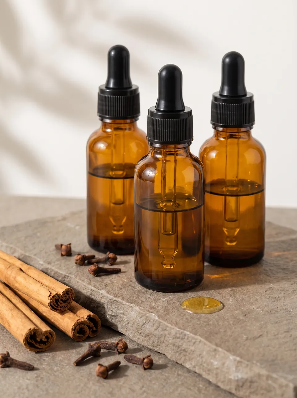 Amber glass dropper bottles of essential oil beside cinnamon quills and whole cloves on a stone slab